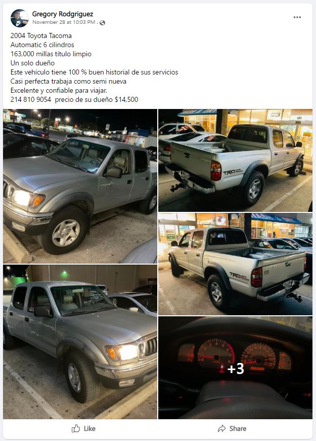 Anuncio de Venta de Vehiculo en Facebook Marketplace